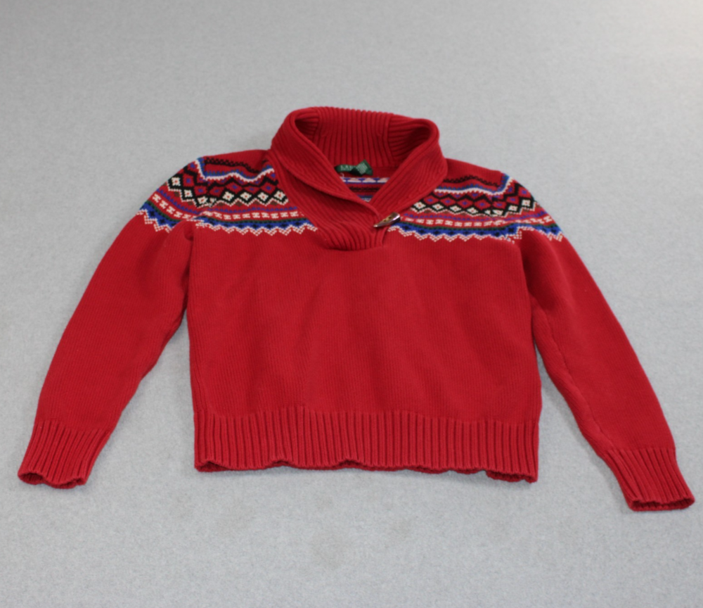 Lauren Ralph Sweater Woman Large Red Toggle Nordic Fair Isle Heritage Shawl READ